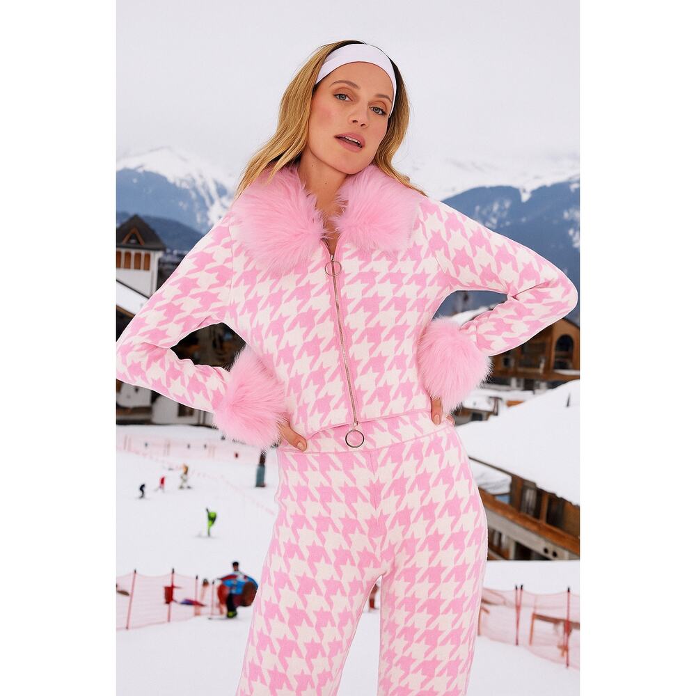 Show Me Your Mumu Zermatt Zip Up in Pink Houndstooth Faux Fur Jacket 3X NWT